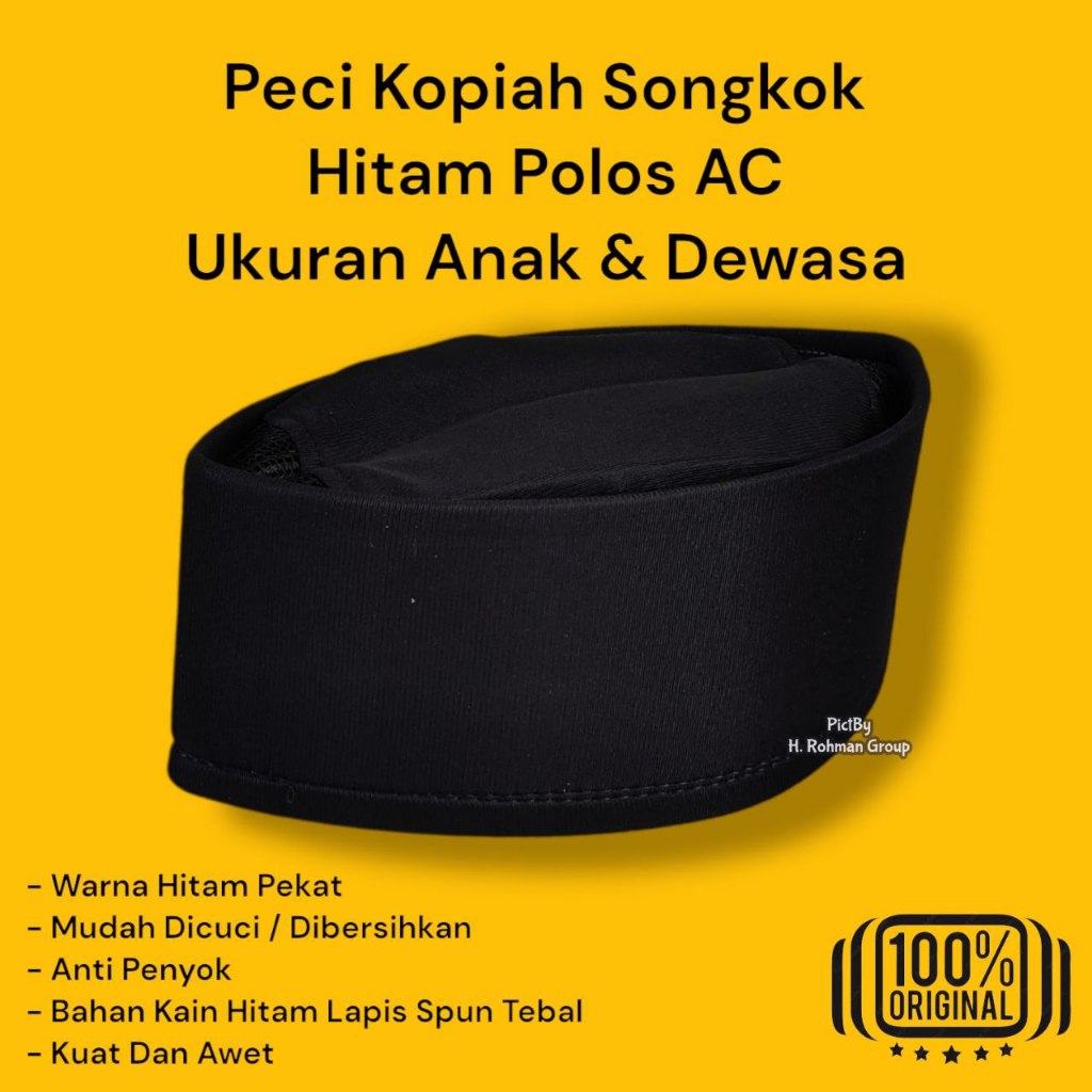 Peci Kopiah Hitam Polos Ac Bahan Kain Hitam Lapis Spon Tebal Halus