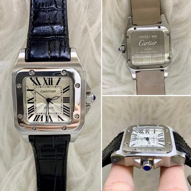 JAM TANGAN PRIA/COWOK CARTIER SANTOS AUTOMATIC COMBI LEATHER STRAP SUPER QUALITY DIAMETER 35MM