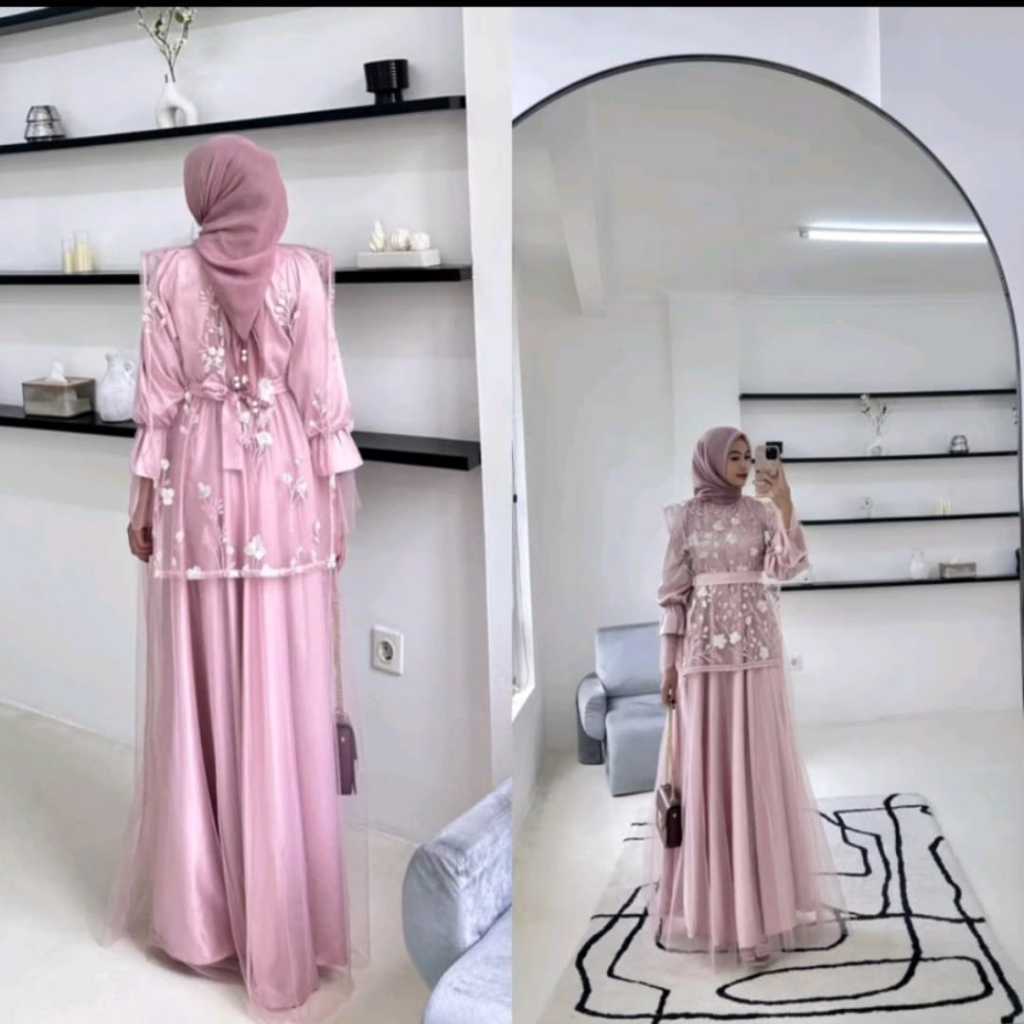 FELARIE DRESS VELVET MIX BRUKAT + TILE DRESS MUSLIMAH MEWAH GAMIS LEBARAN GAUN UMROH GAUN PESTA DRES