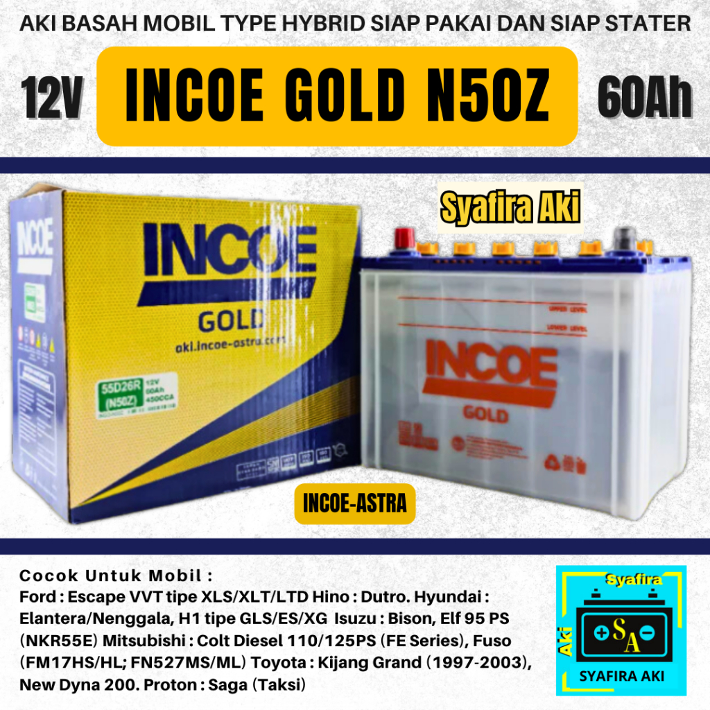 Aki Mobil INCOE GOLD Astra N50Z 55D26R Aki Basah 12V / 60Ah