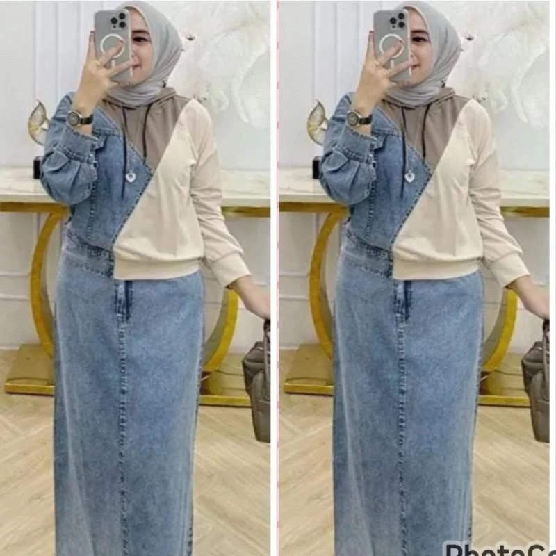 Setelan Wanita Terbaru Bahan Jeans Mix Knit Premium Pakaian Set Terbaru Baju Wanita Terbaru Alnami S