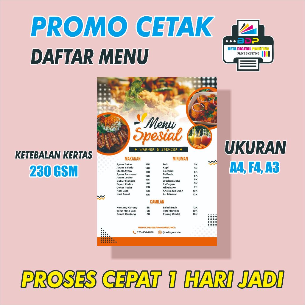 

CETAK DAFTAR MENU MAKANAN DAN MINUMAN ANTI LUNTUR