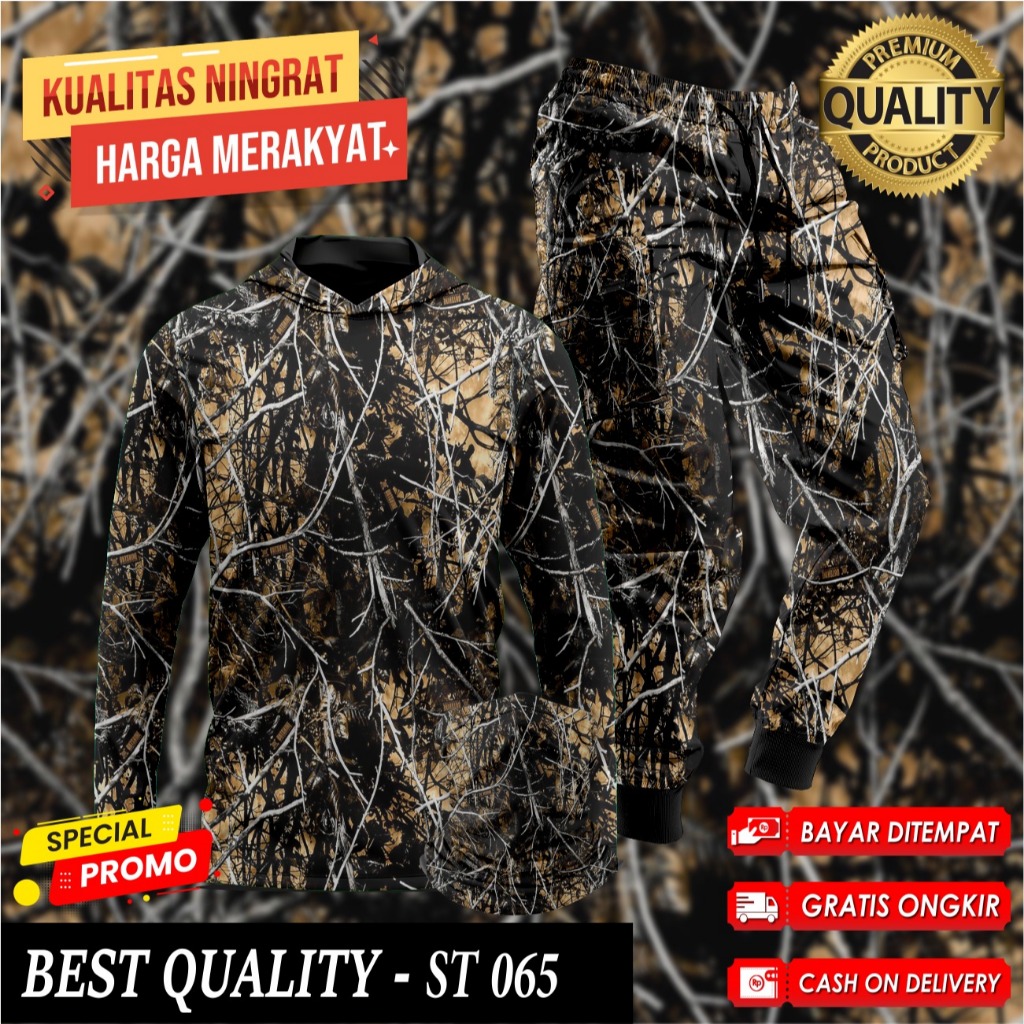 Setelan Baju Camo Hoodie Berburu Hunting Baju Berburu Hutan Kamuflase 1 Set Buff Celana Camo ST-065