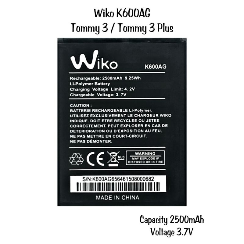 Baterai WIKO K600AG / TOMMY 3 / TOMMY 3 PLUS battery batre