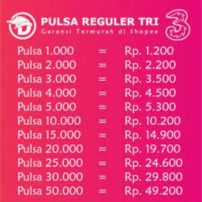 PULSA TRI 1K/2K/5K/10K TERMURAH DAN CEPAT MASUK