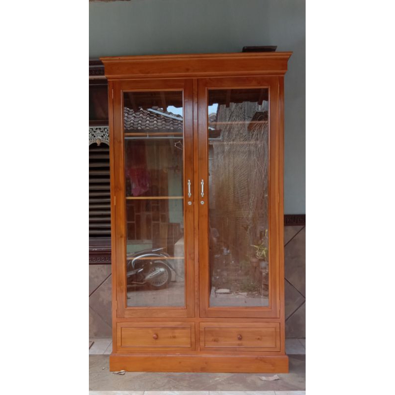 lemari kayu jati kaca pintu 2