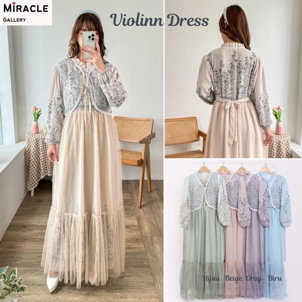 VIOLINN DRESS BAHAN CERUTI+TILE+ROMPI / DRESS LENGAN PANJANG
