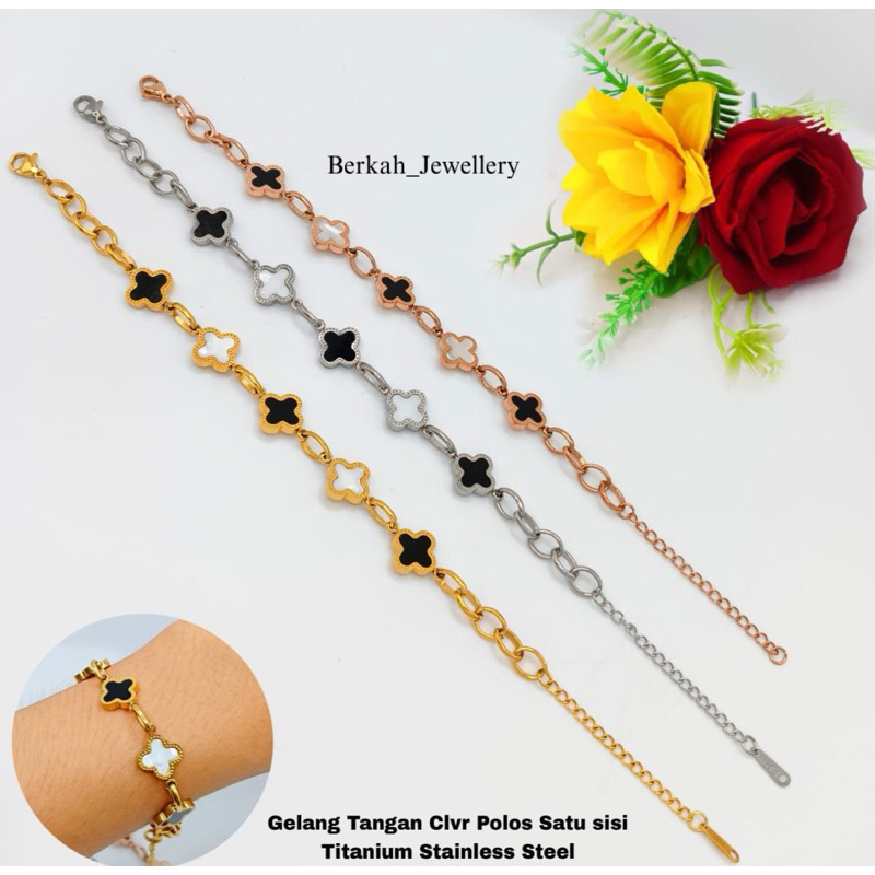 Gelang rante bunga CLVR hitam putih titanium anti karat & anti luntur