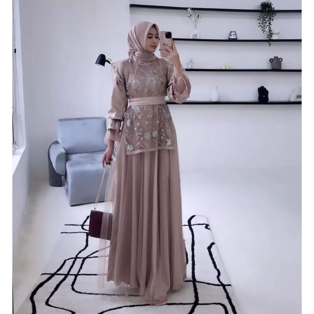 Set Outer Felaria Velvet Mix Brukat Import Mewah Pesta Nikahan Gamis Jumbo Mode 2024 Terlaris