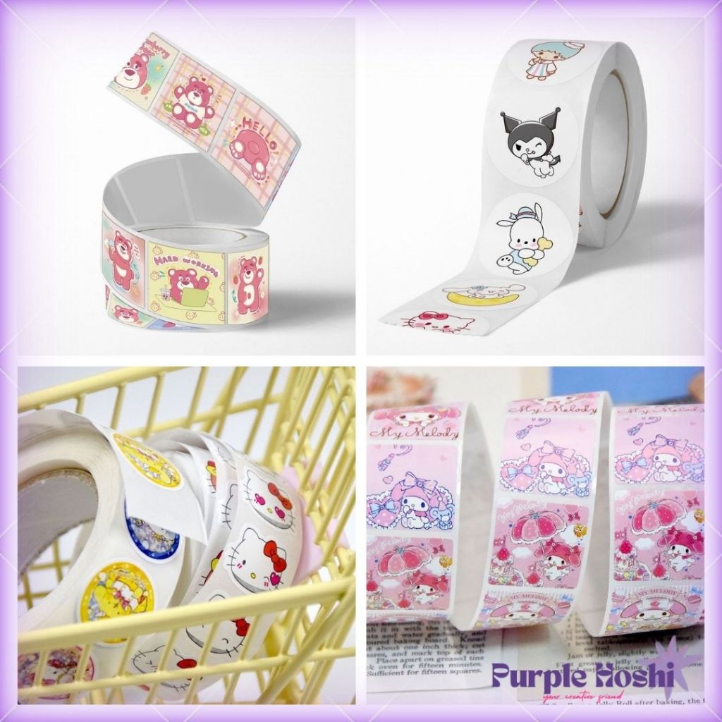 

Purple Hoshi Stiker Roll Label Isi 500 Pcs Motif Cartoon Sticker Roll Packaging