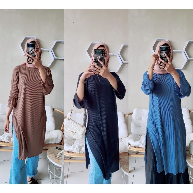 tunik tangan ruffles knit dewasa muslimah