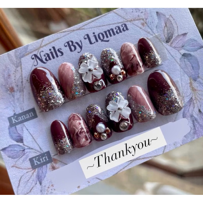KUKU PALSU MAROON KECOKLATAN KOMBI BUNGA / KUKU PALSU WEDDING / NAIL ART