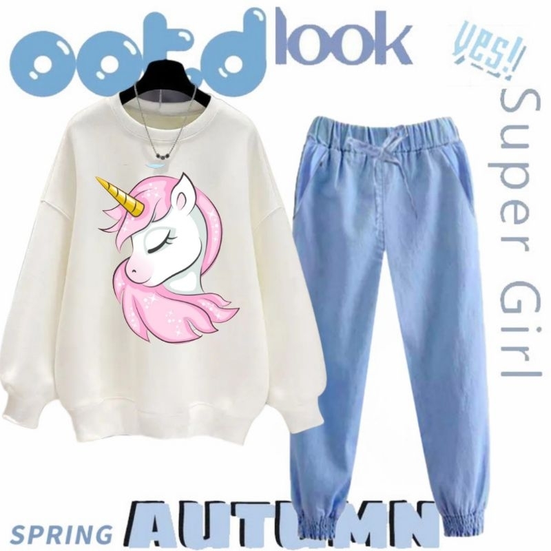 SWEATER ANAK REMAJA PEREMPUAN UNICORN PRETTY / SETELAN BAJU CELANA SOFT JEANS