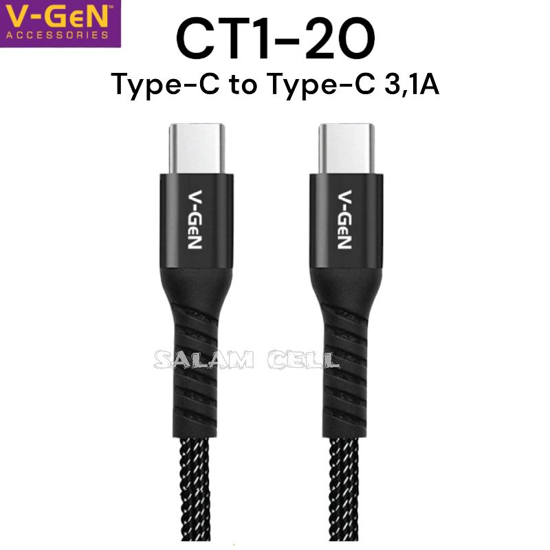 Kabel Data Type-C to Type-C V-GEN CT1-20 3,1A Fast Charging Original Vgen Ct1 20 Garansi Resmi