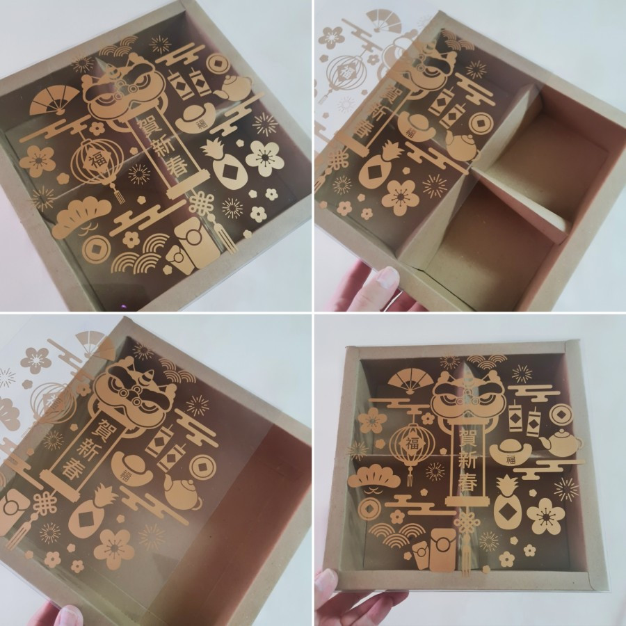 

(5pcs) Box Mika Sekat Imlek Kemasan Hadiah Imlek Dus Coklat CNy lapis Legit Size 18x18x4cm