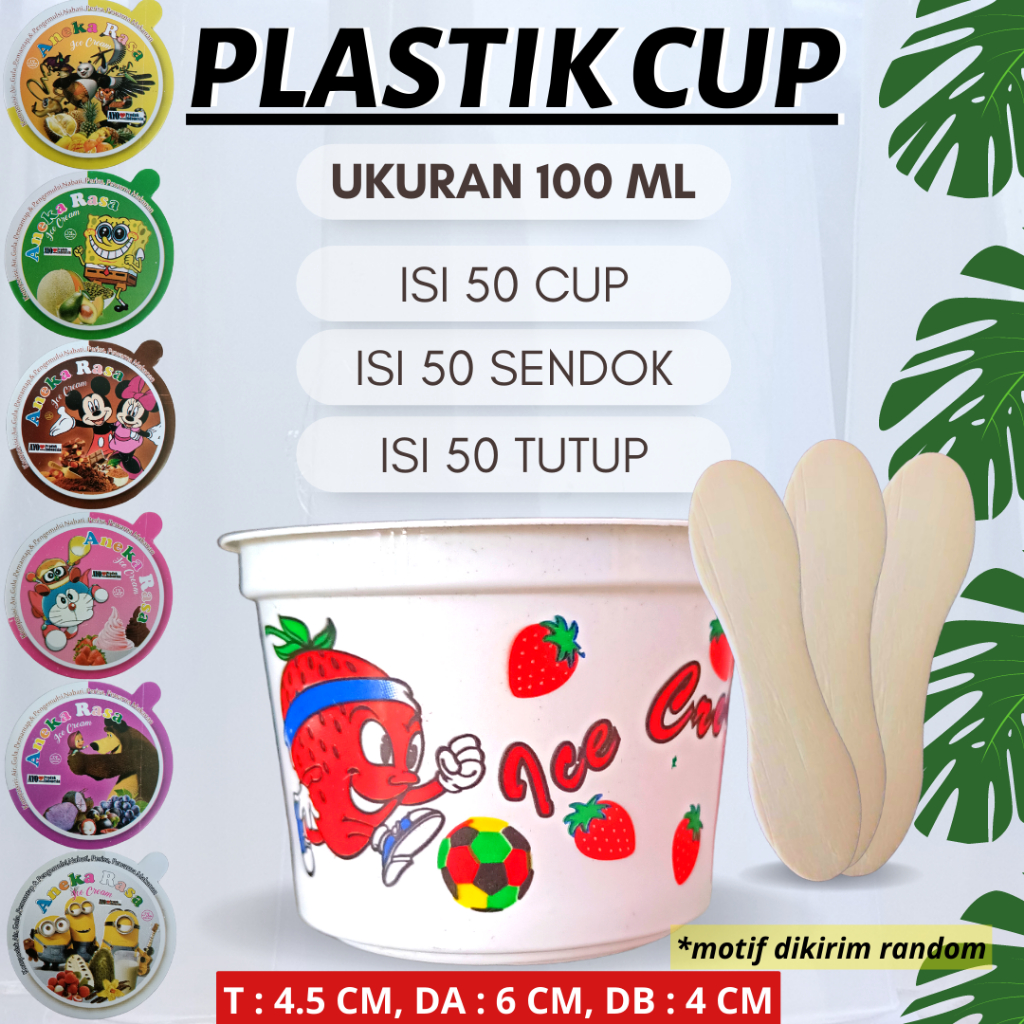 Cup Es Krim Dan Puding Lengkap Tutup Sendok Isi 50 pcs Cup Plastik Motif 100 ml