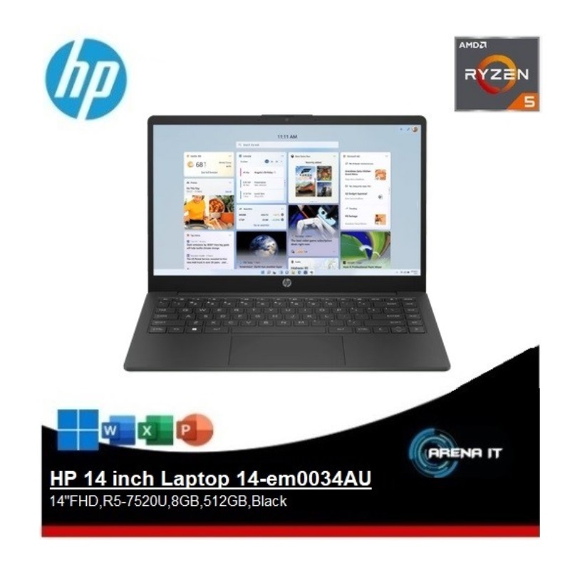 HP 14 inch Laptop 14-em0034AU [14"FHD,R5-7520U,8GB,512GB,Black]