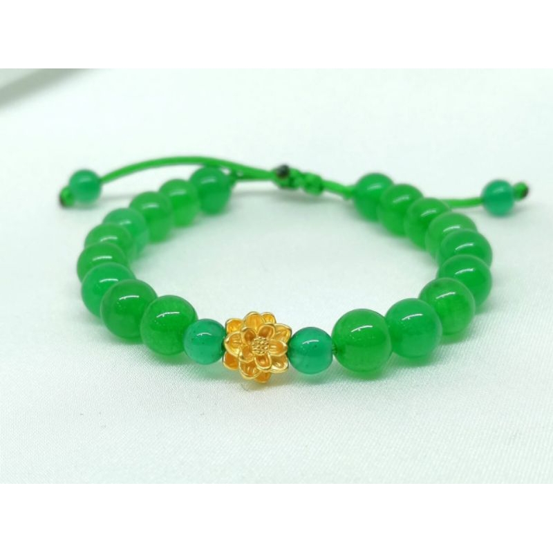 Gelang Emas Asli Teratai 24k Hongkong 999% Tali Batu Giok