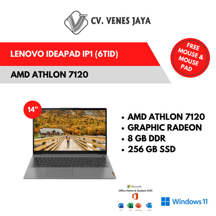 LENOVO IP1 (6TID) AMD ATHLON 7120 8GB 256GB 14" WIN 11 + OHS laptop | laptop murah | leptop | laptop