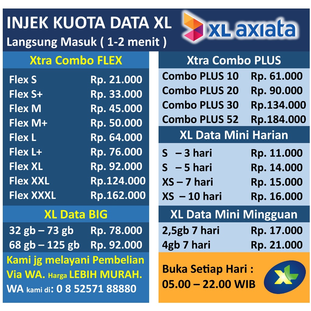 TERMURAH PAKET KUOTA DATA XL Xtra Combo FLEX / BIG / Combo Plus / AKRAB / MINI / Unlimited injek lan
