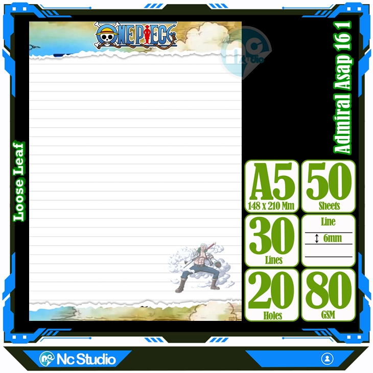 Loose leaf Kertas binder A5 Isi 50 Lembar Polos karakter Admiral Asap Akainu One Piece Anime Kartun 