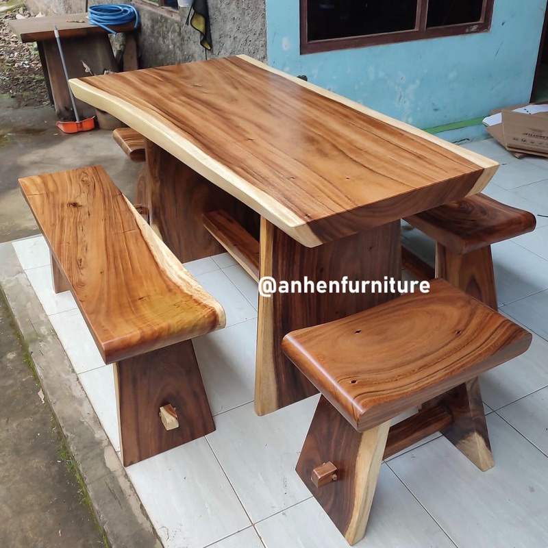 Set Meja Makan Kayu Solid Trembesi / Set Bangku Makan Minimalis / Dining Table