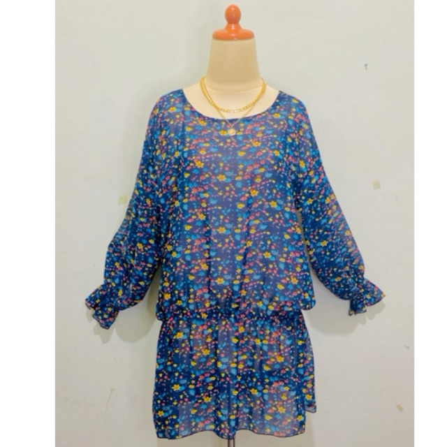 Atasan wanita blouse blus tunik vintage lengan balon karet motif bunga flower floral bahan siffon si