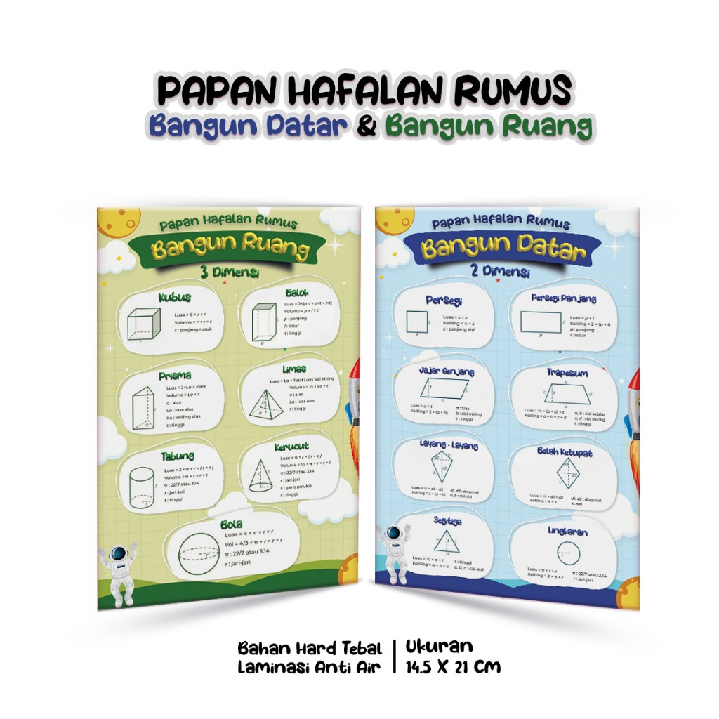

Papan Hafalan Rumus Bangun Datar & Bangun Ruang Bahan Hard Tebal Laminasi Anti Air 14,5 x 21 cm