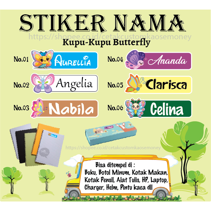 

STICKER LABEL NAMA CUSTOM KARAKTER KUPU-KUPU BUTTERFLY SPIRITED AWAY STIKERCUSTOM PREMIUM MURAH LUCU BISA TEMPEL DI KOTAK MAKANAN BOTOL MINUM BUKU ALAT TULIS KOTAK PENSIL HELM KOPER LAPTOP HP PINTU KACA