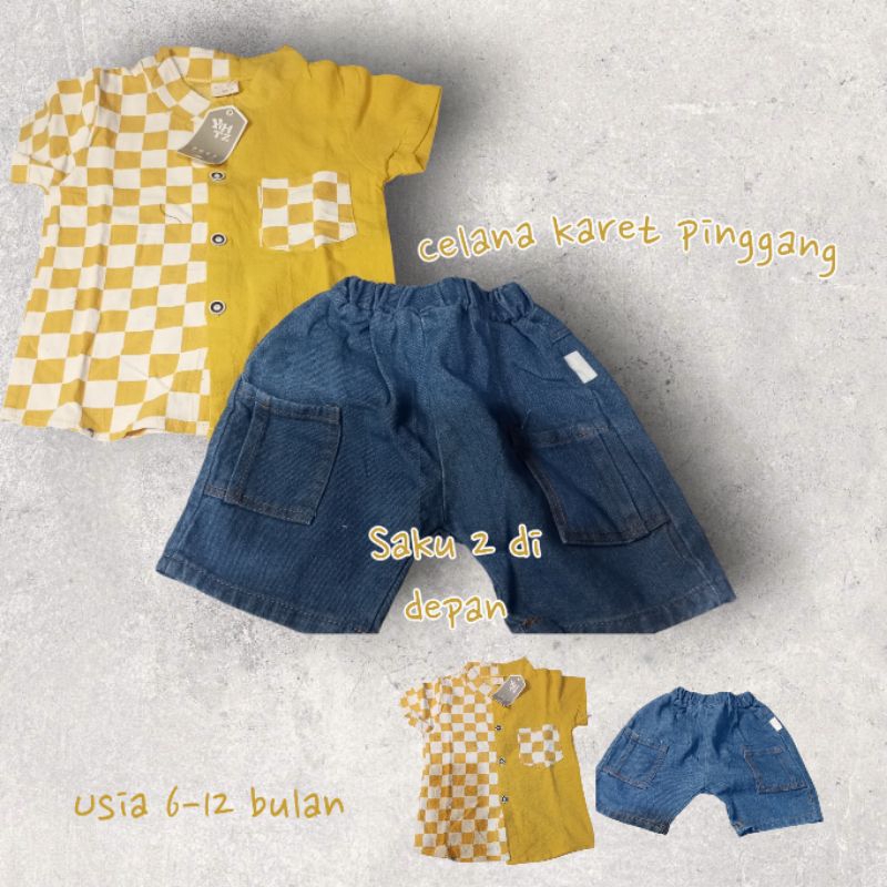 one set/stelan kemeja celana soft jeans bayi laki laki usia 0-6 bulan