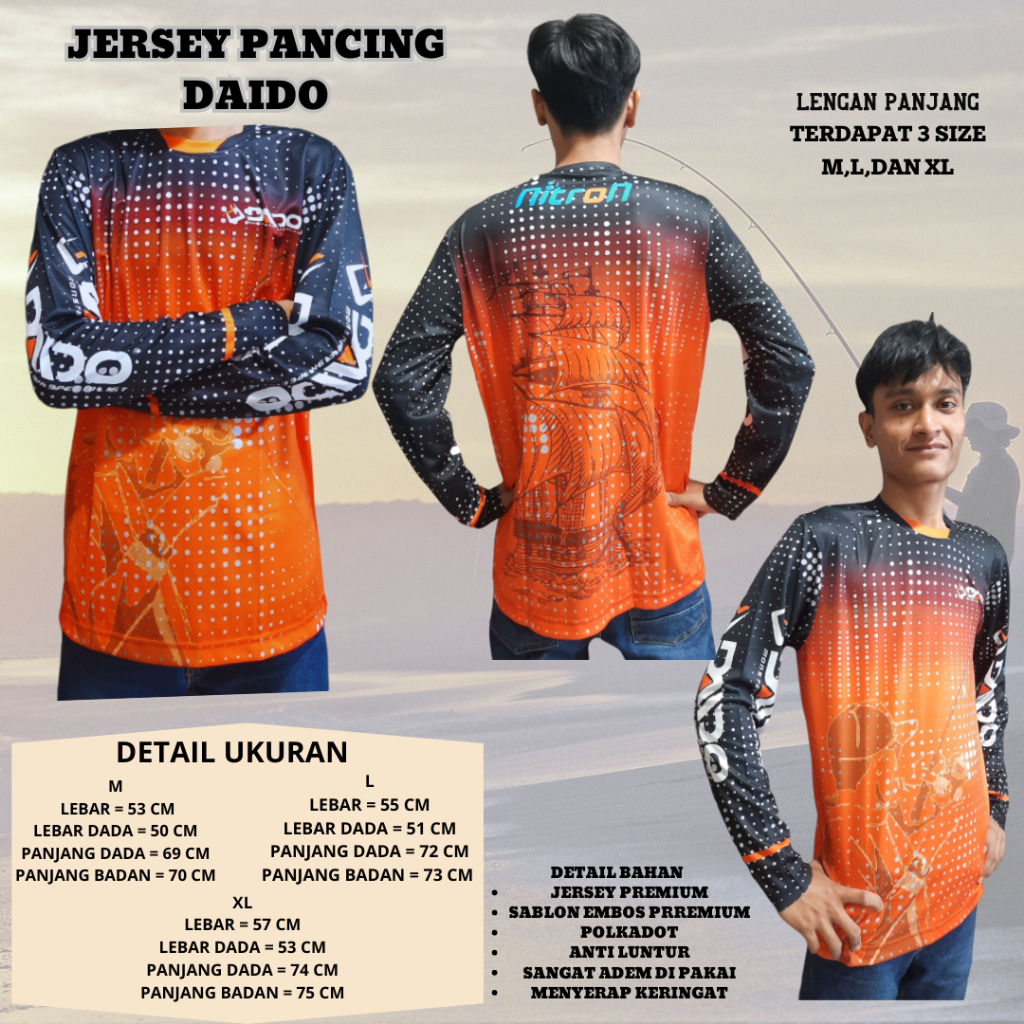 Baju Mancing Daido / Jersey Pancing Premium Lengan Panjang Dan Lengan Pendek  Polkadot Orange