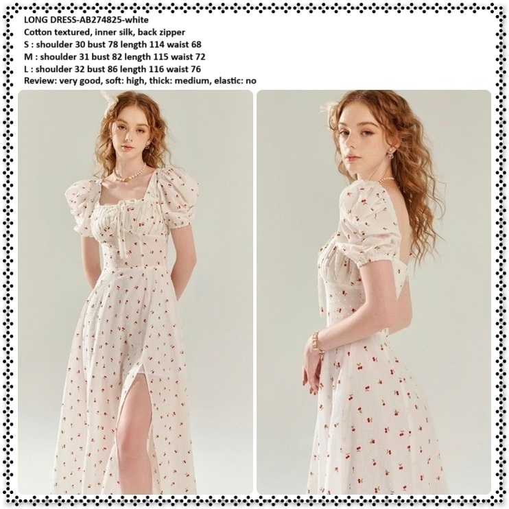 AB274825 Cherry Summer Long Dress Midi Gaun Pesta Pantai Belah Slit Lengan Balon Pendek Wanita Korea
