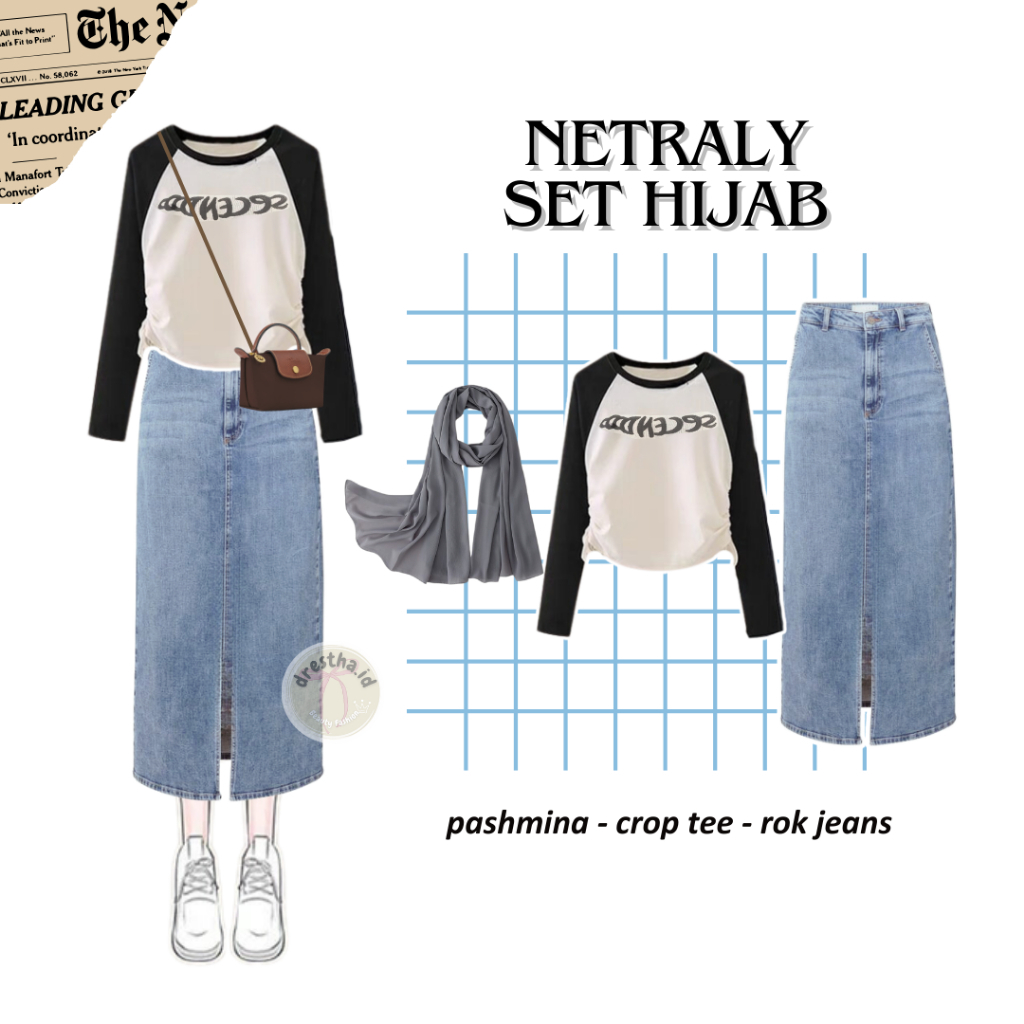 One Set Hijab Korean Syle 3IN1 Setelan Crop Top + Rok Jeans Denim + Pashmina OOTD Skena Reglan DT54