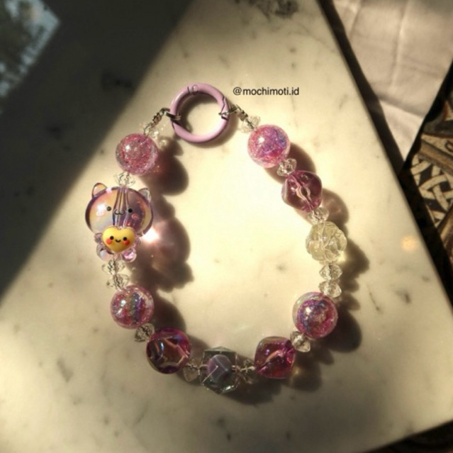 Gantungan HP/ Tas KITTY PURPLE - HEART - Premium beads, setiap pembelian gratis 1 kertas mika untuk 