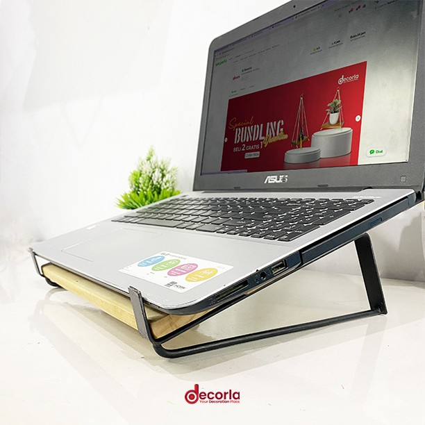 Stand Laptop Notebook Holder Tatakan Laptop bahan Kayu - Besi Simple Kokoh