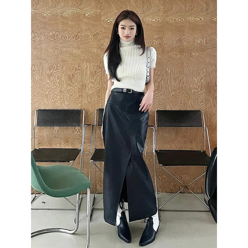 Rok Kulit Panjang Maksi Pensil Rok Kulit Wanita Korea A-Line Split Belahan Depan Lurus High Waist Ro