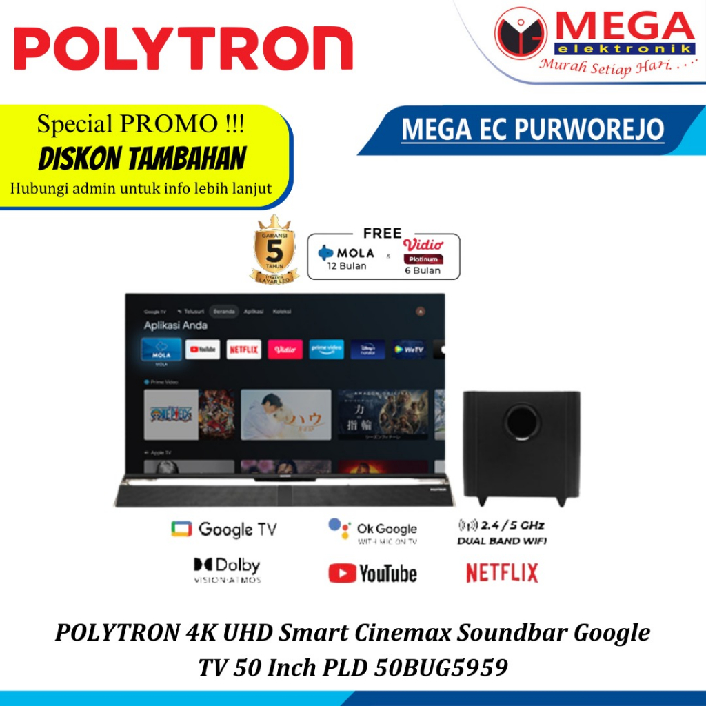 LED POLYTRON PLD 50BUG5959 - 4K UHD Smart Cinemax Soundbar Google TV 50 Inch