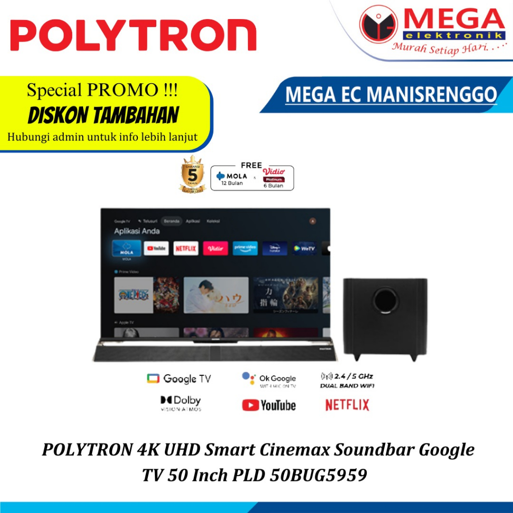 LED POLYTRON PLD 50BUG5959 4K UHD Smart Cinemax Soundbar Google TV 50 Inch