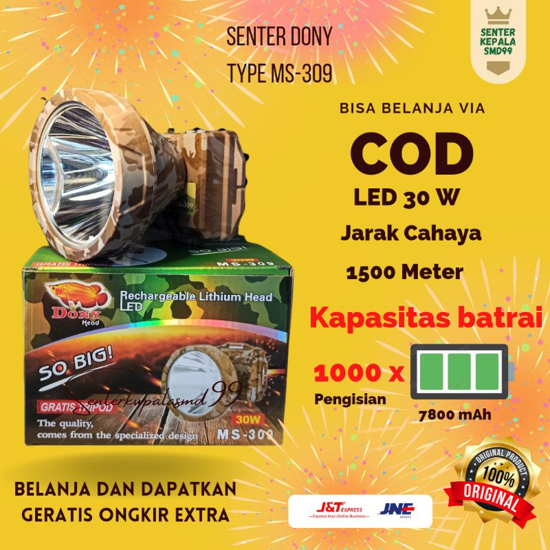 Senter Kepala Dony MS-309 MS 309 30W 30 Watt Original So Big Bonus Tripod Led Putih Kuning