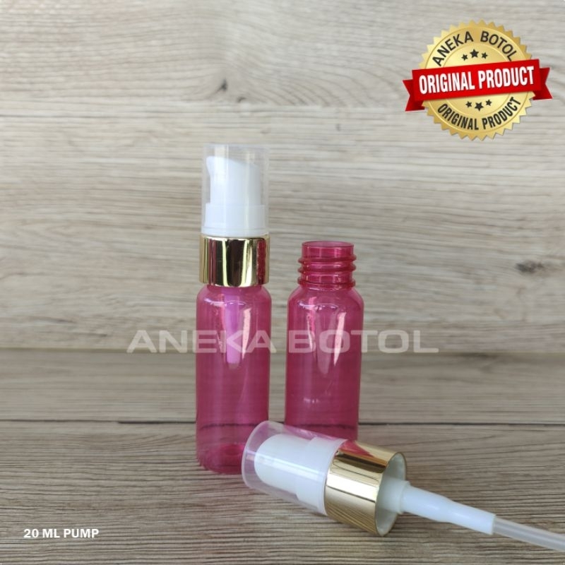 BOTOL PET 20 ML PINK TUTUP PUMP ALUMINIUM KILAP / BOTOL KOSONG MURAH ORIGINAL