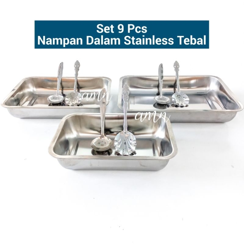 9 pcs Nampan Dalam Stainless Set dengan Irus Sendok Sayur prasmanan / Baki Stainless / Nampan Stainl