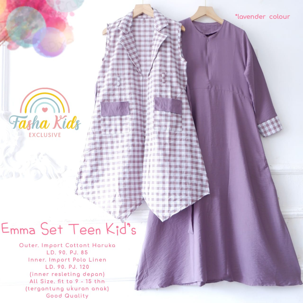 EMMA SET TEEN KIDS SETELAN GAMIS ANAK DRESS DAN OUTER DRESS ANAK POLOS KOMBI KOTAK KOTAK BUSANA MUSL