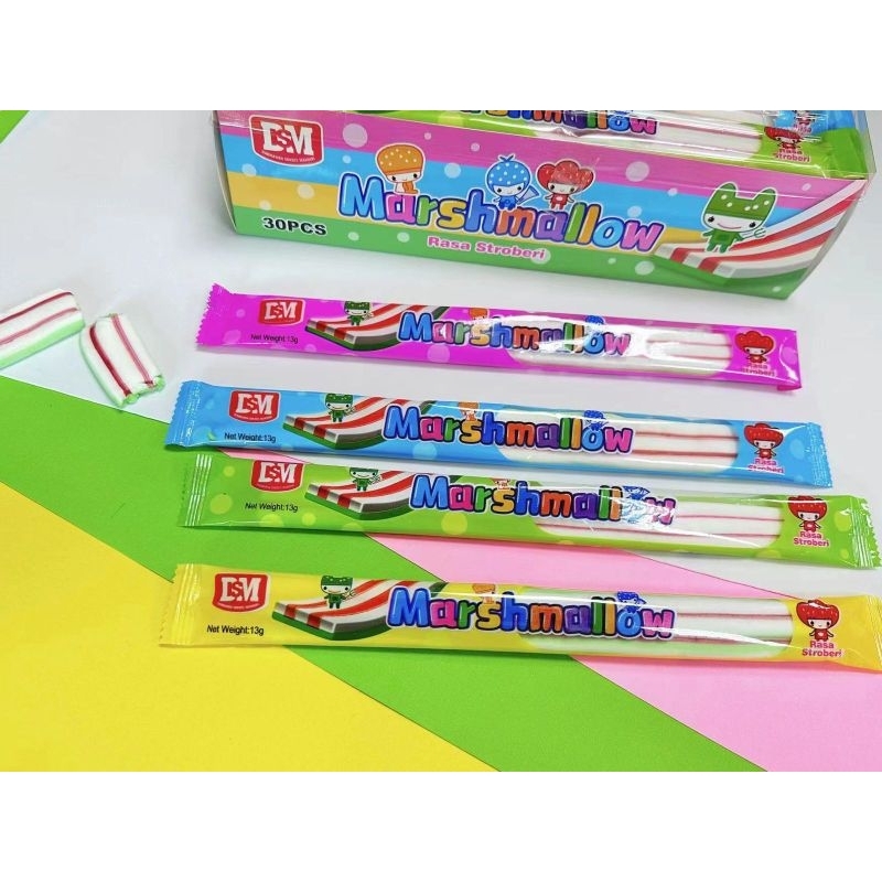 

Permen Cemilan Snack Marshmallow Kapas Panjang Stripe Garis Selai Buah Mainan Anak Murah (isi 30 pcs)
