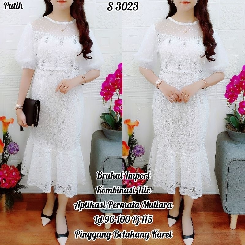 S 3023 #Dress Brukat putih Duyung Permata mutiara