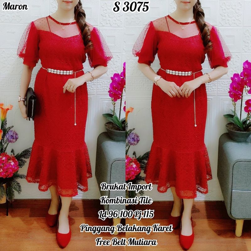 3075 Dress Brukat Duyung Tile Super Bagus Dan Mewah warna Maron Polos+Belt