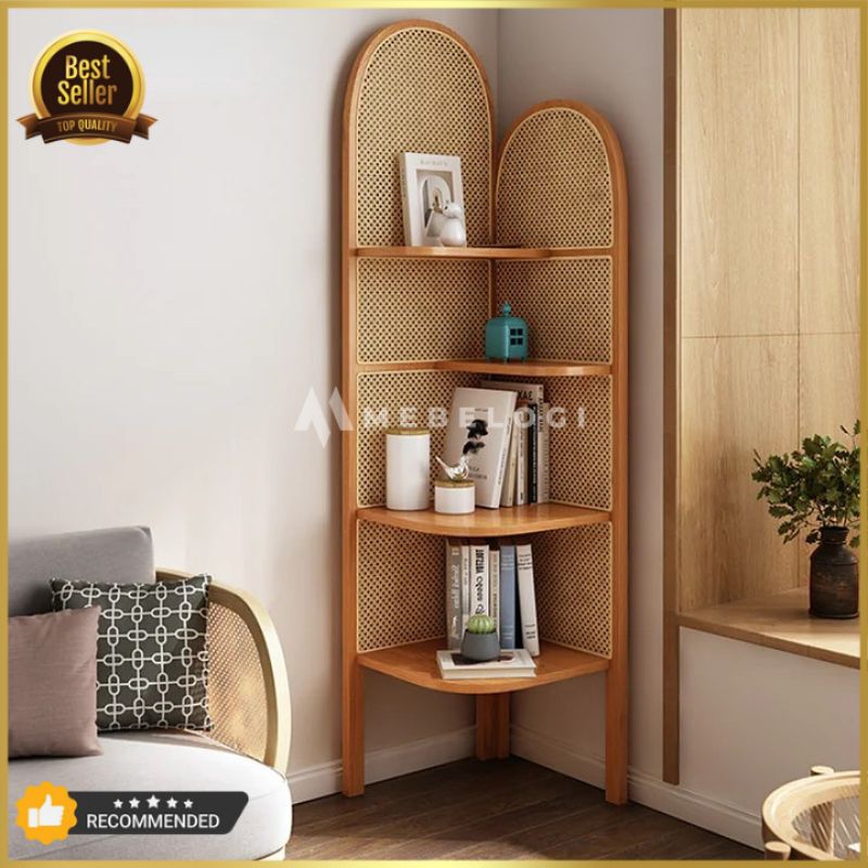 RAK SUDUT MINIMALIS KAYU JATI ROTAN / RAK SUDUT MINIMALIS MODERN