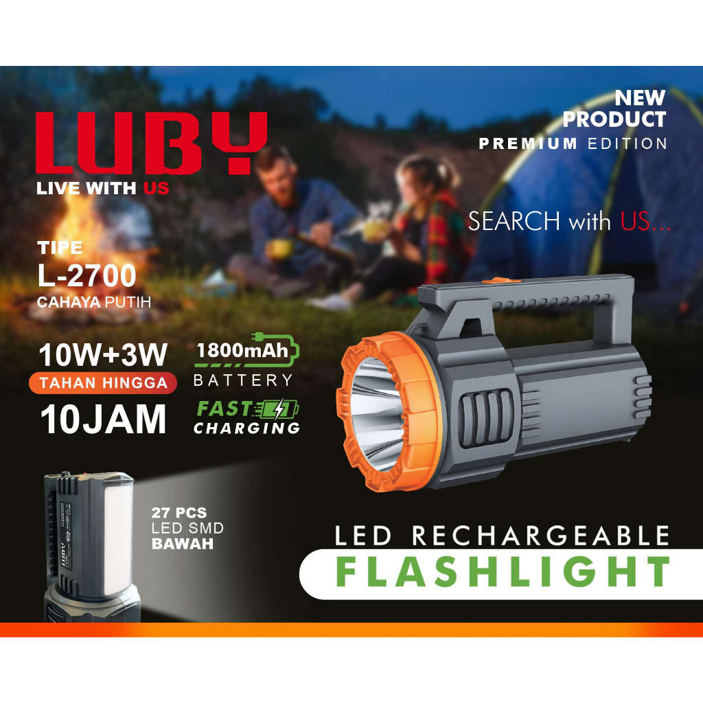 Senter Tangan Luby L-2700 Lampu Rechargeable Flashlight L2700 Senter LUBY 10W+3W