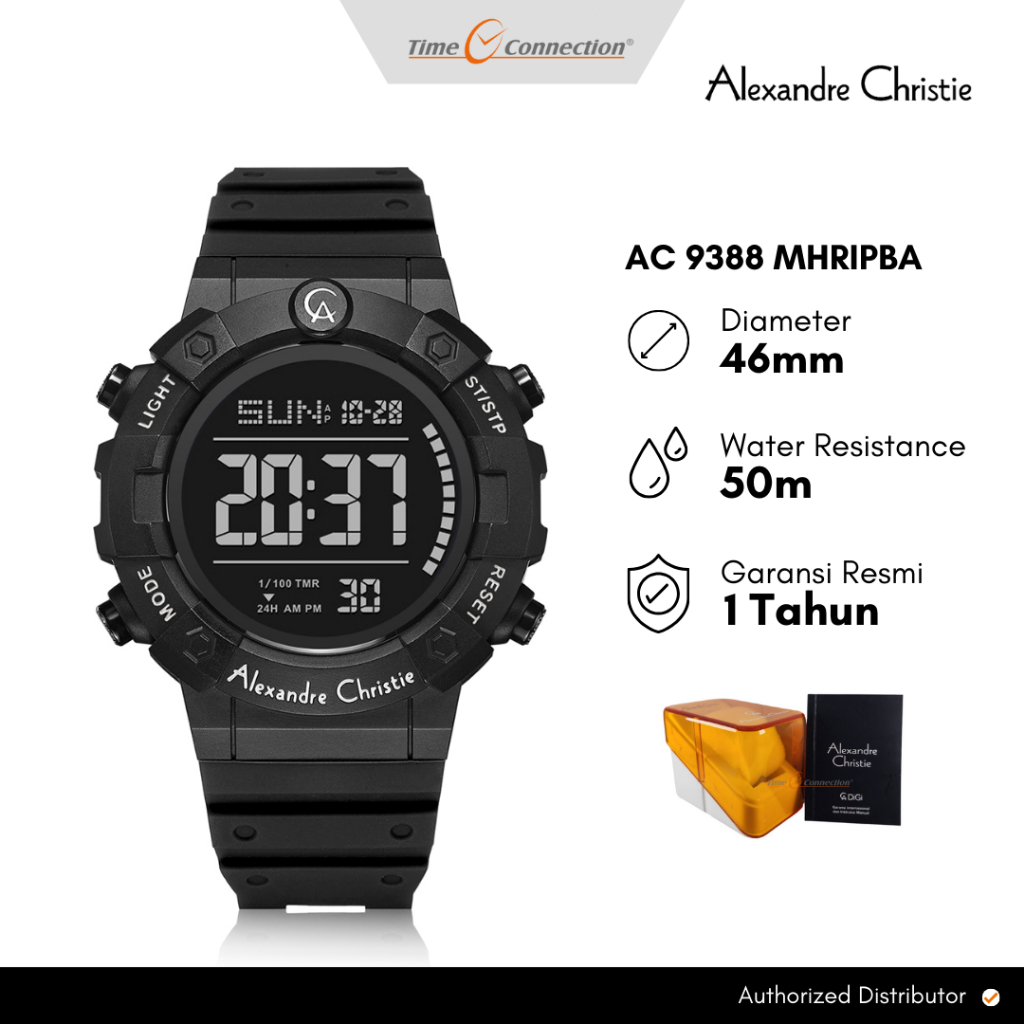 Alexandre Christie AC 9388 MHRIPBA Full Hitam Original / Jam Tangan Pria Digital Karet Rubber