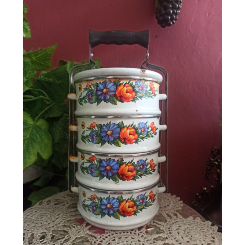 Rantang 4 Susun enamel Jadul Vintage lawas Tinggi 32cm/18cm CACAT