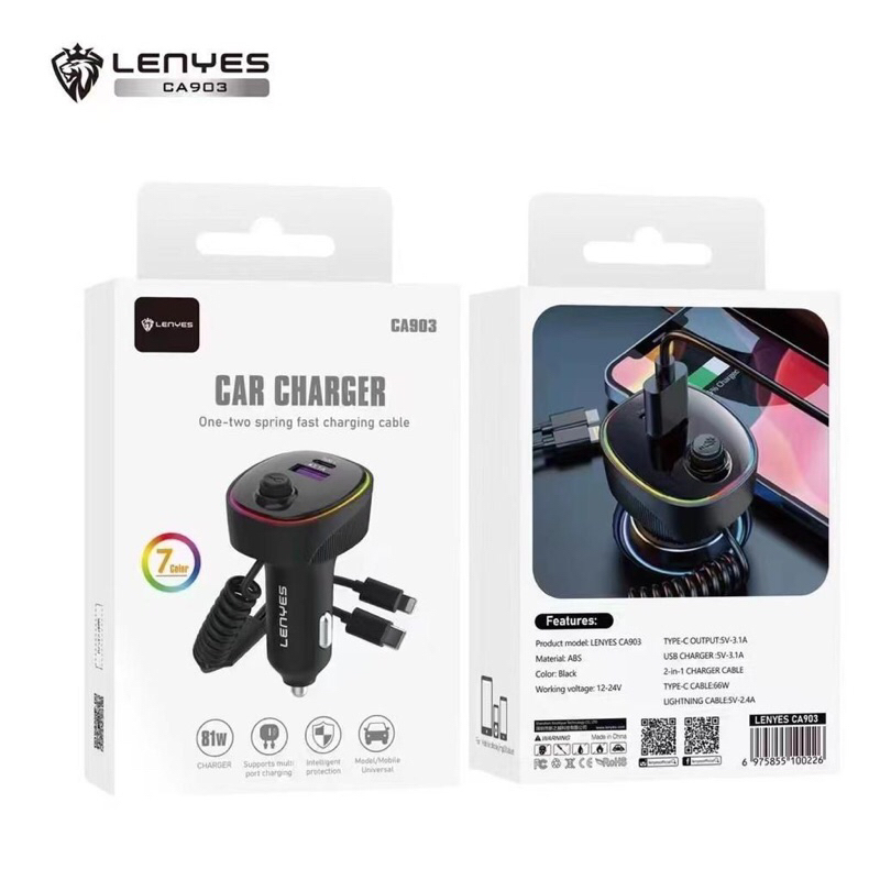 Lenyes CA903 81W RGB Light Car Charger Mobil Super Fast Charger Multi Port Built